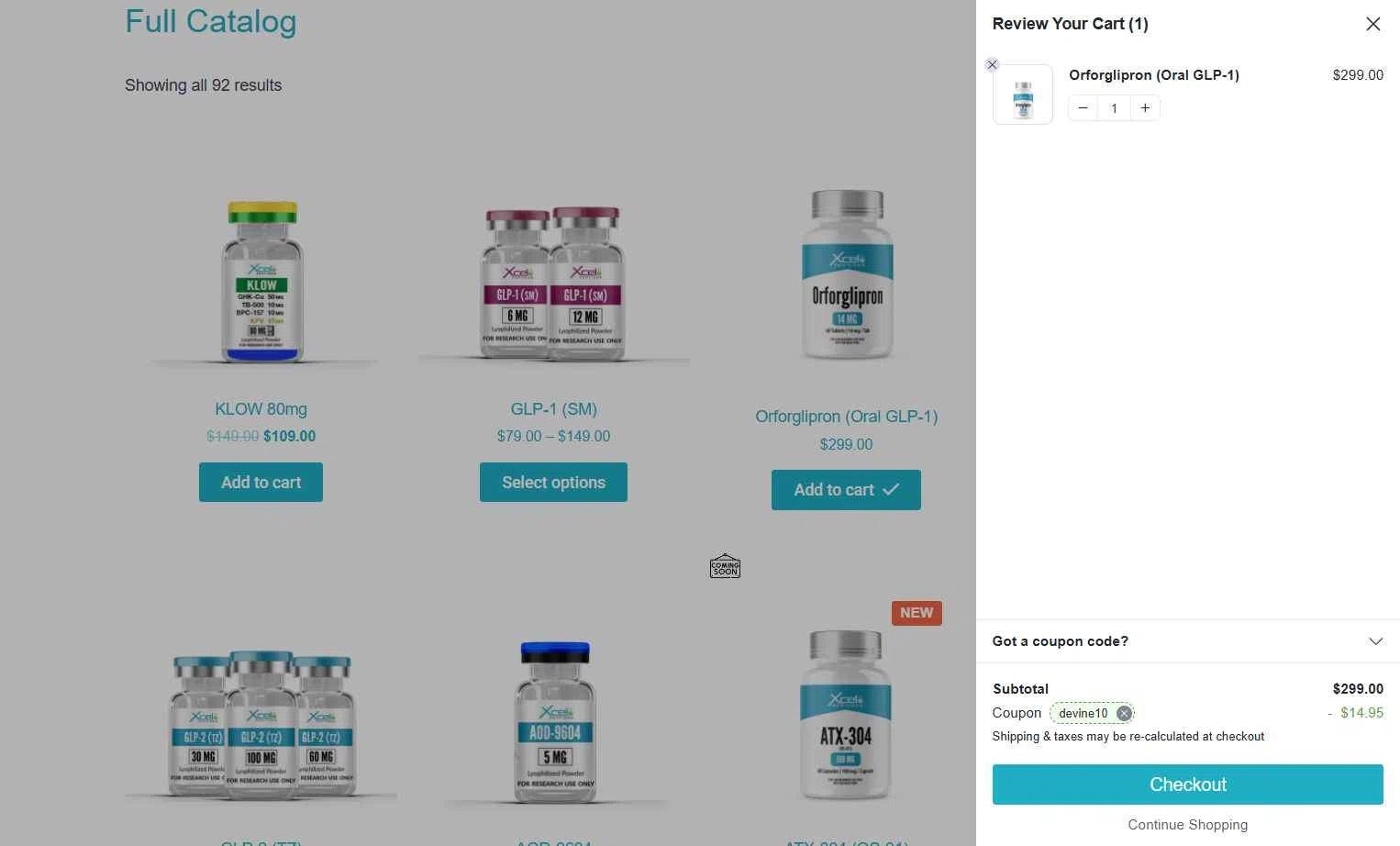Xcel Peptides checkout page showing Xcel Peptides coupon code box | Screenshot taken by SimplyCodes community member on Jan 16, 2026