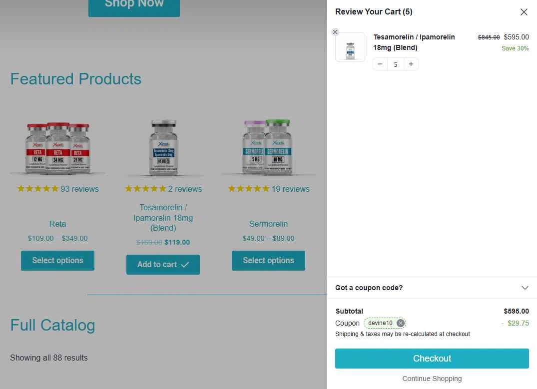 Xcel Peptides checkout page showing Xcel Peptides coupon code box | Screenshot taken by SimplyCodes community member on Dec 12, 2025
