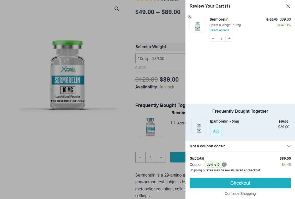Xcel Peptides checkout page showing Xcel Peptides coupon code box | Screenshot taken by SimplyCodes community member on Dec 20, 2025