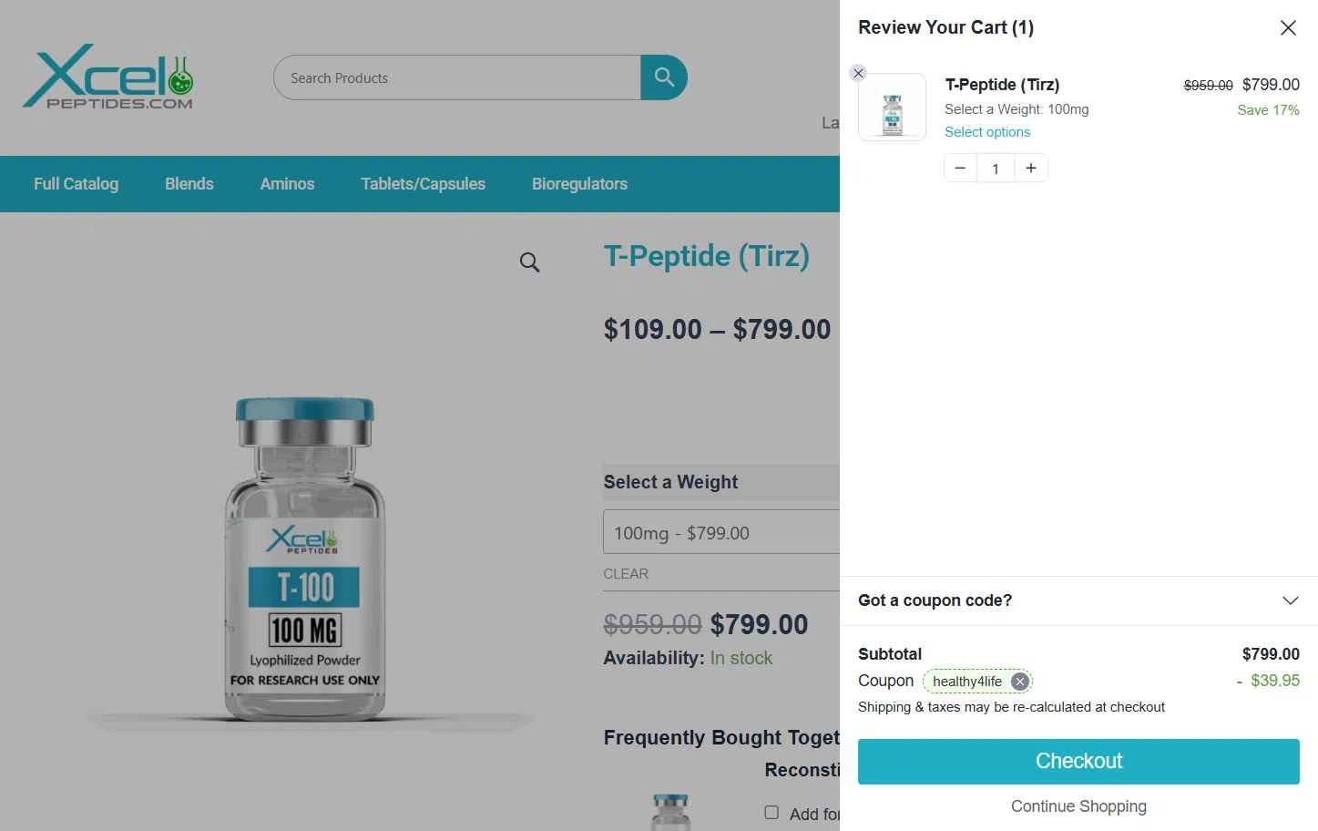 Xcel Peptides checkout page showing Xcel Peptides coupon code box | Screenshot taken by SimplyCodes community member on Oct 30, 2025