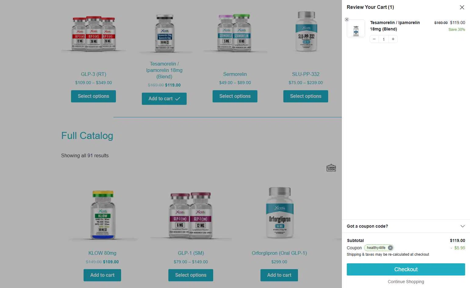 Xcel Peptides checkout page showing Xcel Peptides coupon code box | Screenshot taken by SimplyCodes community member on Feb 5, 2026