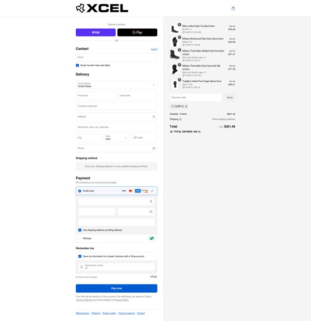 Xcel Wetsuits checkout page showing Xcel Wetsuits discount code box | Screenshot taken by SimplyCodes community member on Sep 4, 2025