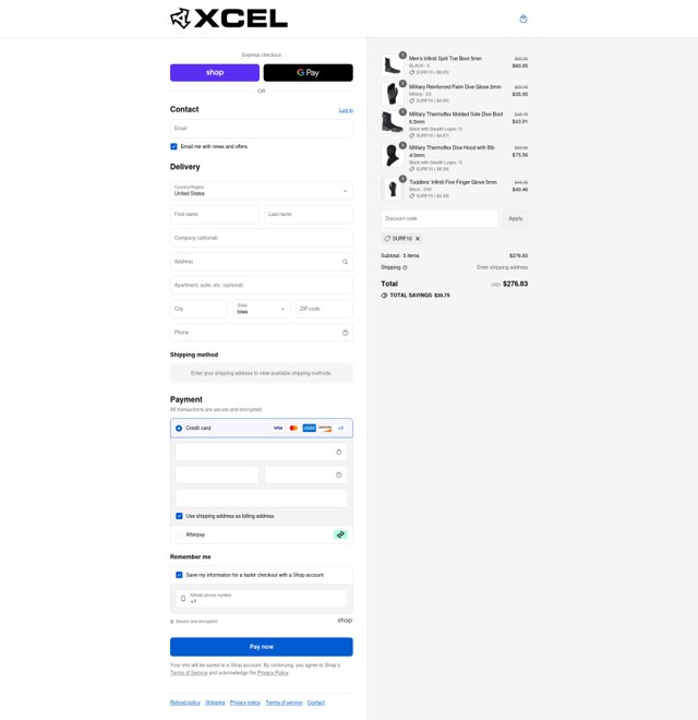 Xcel Wetsuits checkout page showing Xcel Wetsuits discount code box | Screenshot taken by SimplyCodes community member on Sep 4, 2025
