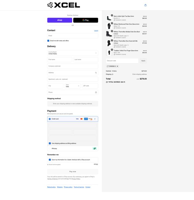 Xcel Wetsuits checkout page showing Xcel Wetsuits discount code box | Screenshot taken by SimplyCodes community member on Aug 31, 2025