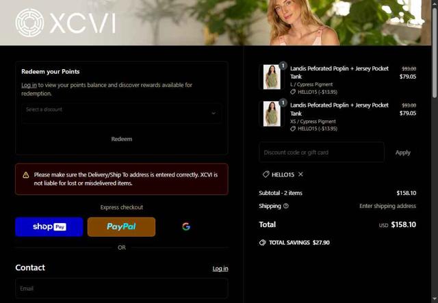 XCVI checkout page showing XCVI coupon code box | Screenshot taken by SimplyCodes community member on May 8, 2025