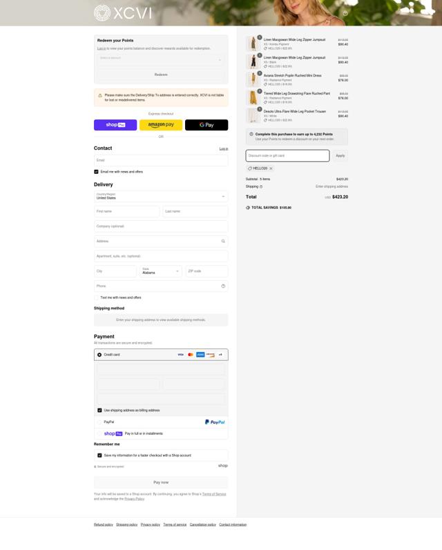 XCVI checkout page showing XCVI coupon code box | Screenshot taken by SimplyCodes community member on May 18, 2025