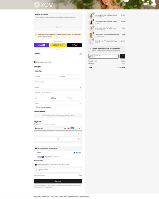 XCVI checkout page showing XCVI coupon code box | Screenshot taken by SimplyCodes community member on May 18, 2025