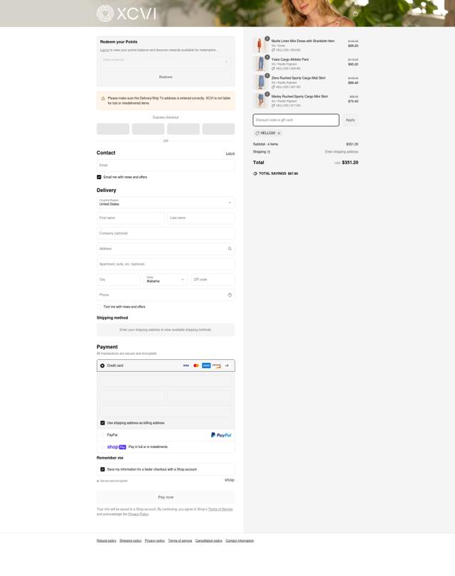 XCVI checkout page showing XCVI coupon code box | Screenshot taken by SimplyCodes community member on May 7, 2025