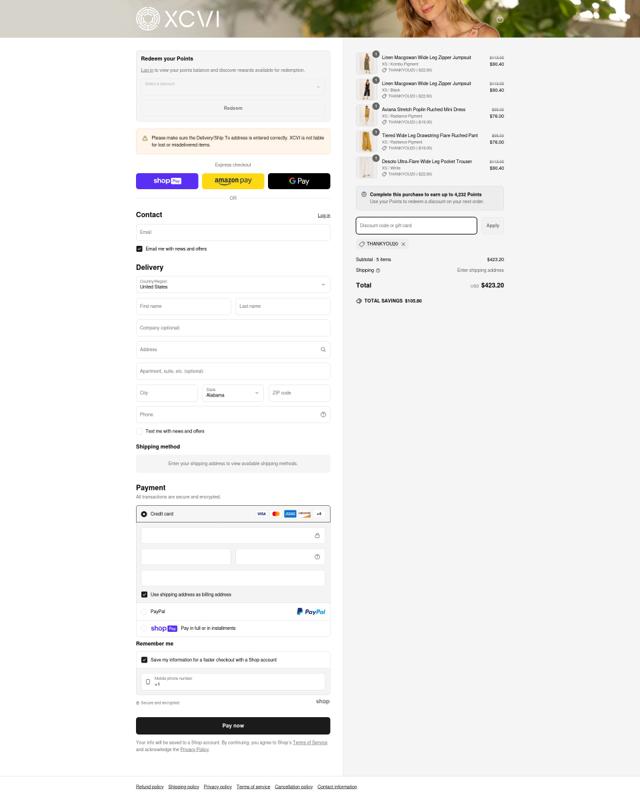 XCVI checkout page showing XCVI coupon code box | Screenshot taken by SimplyCodes community member on May 18, 2025