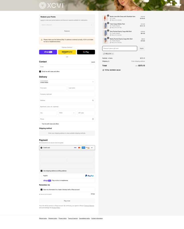 XCVI checkout page showing XCVI coupon code box | Screenshot taken by SimplyCodes community member on Apr 28, 2025
