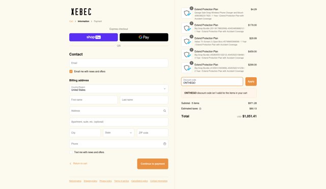 Xebec checkout page showing Xebec discount code box | Screenshot taken by SimplyCodes community member on Apr 9, 2025