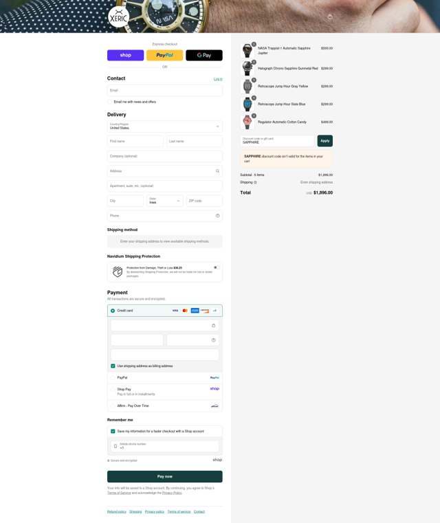 Xeric checkout page showing Xeric discount code box | Screenshot taken by SimplyCodes community member on Sep 4, 2025