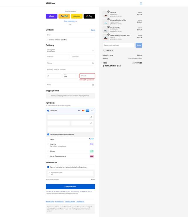 Xhibition checkout page showing Xhibition promo code box | Screenshot taken by SimplyCodes community member on Sep 14, 2025
