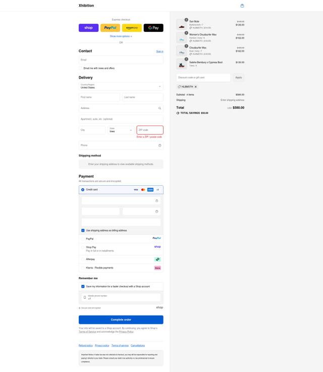 Xhibition checkout page showing Xhibition promo code box | Screenshot taken by SimplyCodes community member on Sep 14, 2025