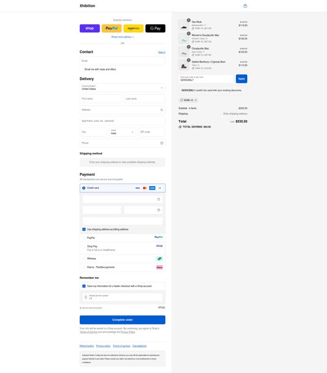 Xhibition checkout page showing Xhibition promo code box | Screenshot taken by SimplyCodes community member on Sep 10, 2025