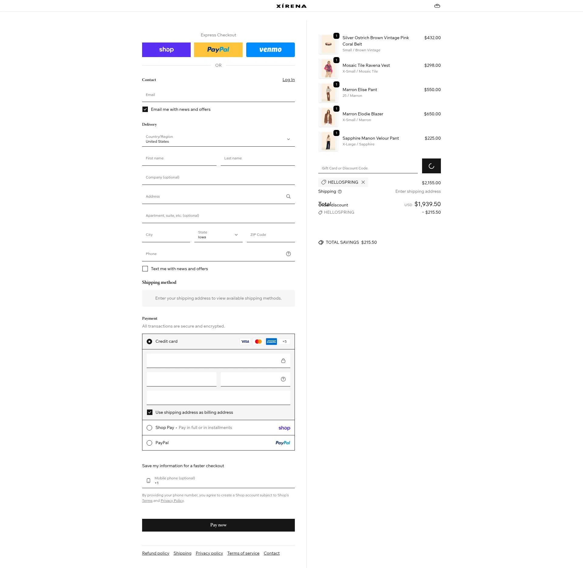XiRENA checkout page showing XiRENA promo code box | Screenshot taken by SimplyCodes community member on Feb 17, 2026