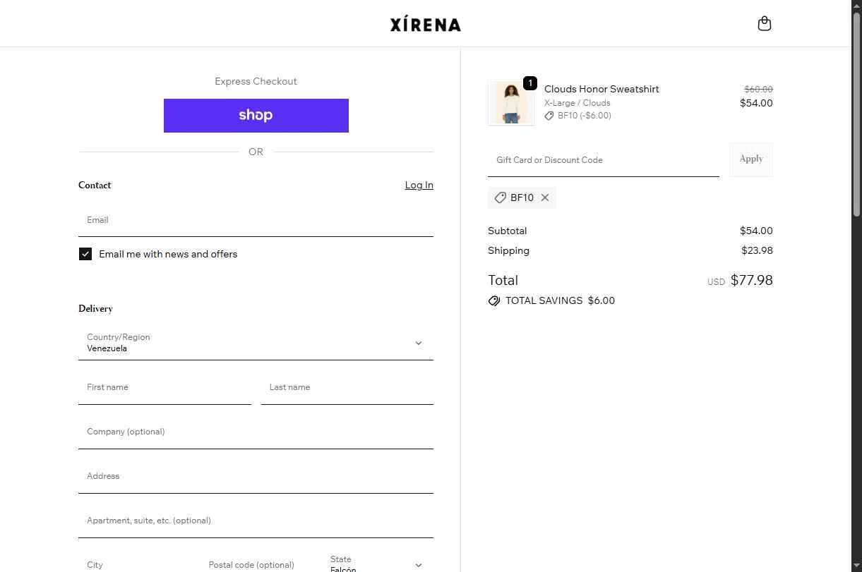 XiRENA checkout page showing XiRENA promo code box | Screenshot taken by SimplyCodes community member on Nov 28, 2025