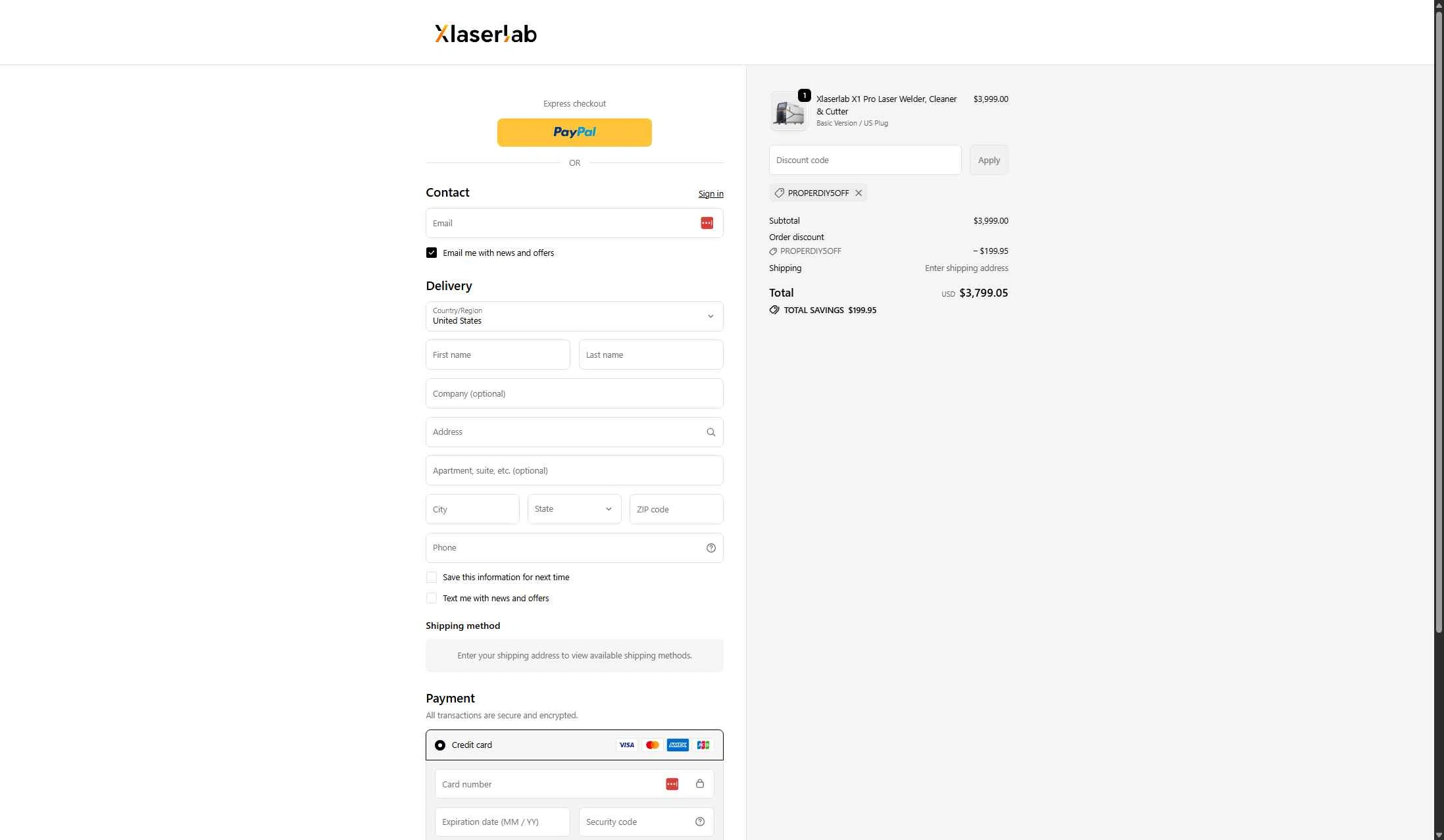 Xlaserlab checkout page showing Xlaserlab promo code box | Screenshot taken by SimplyCodes community member on Jan 10, 2026