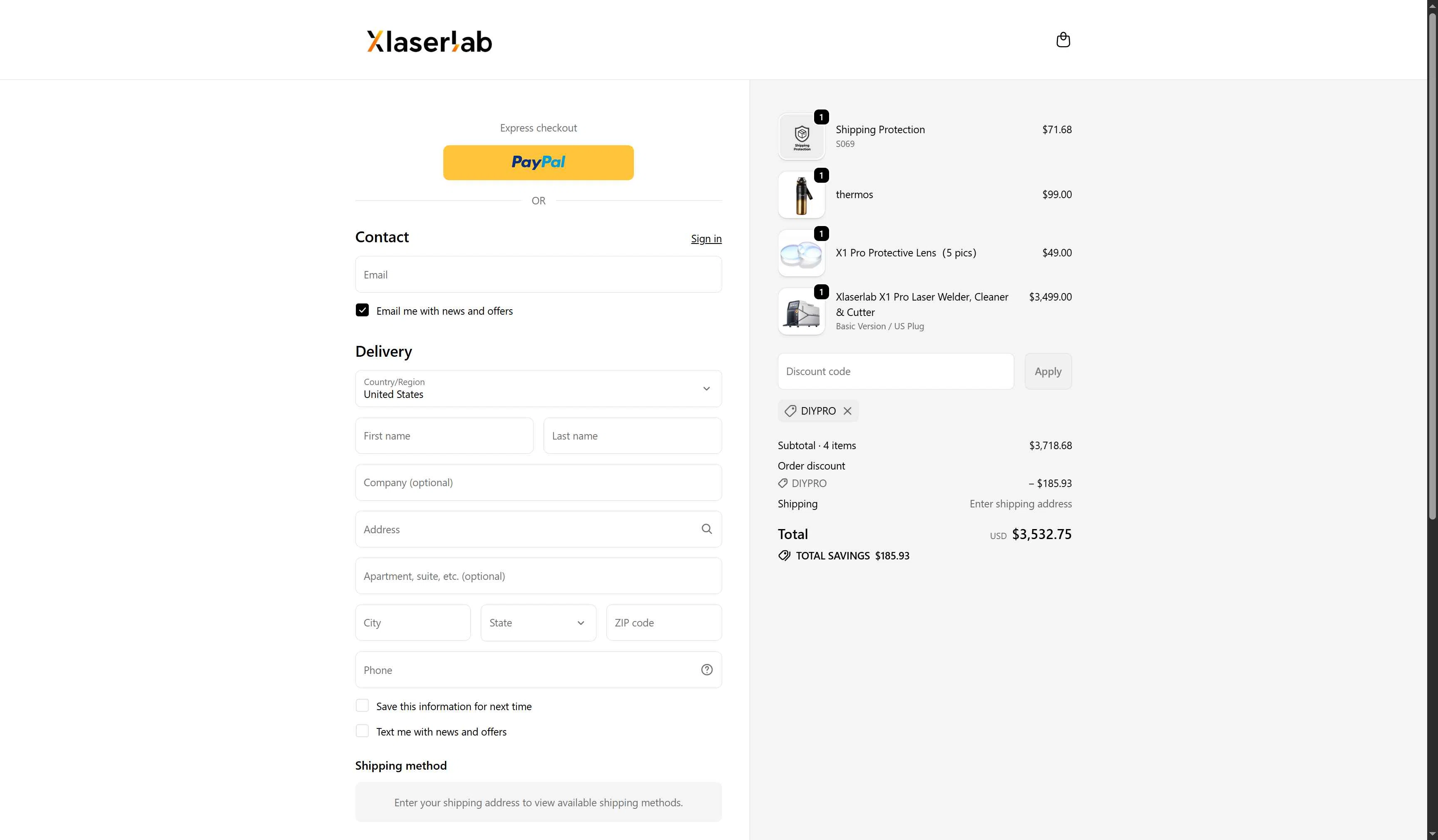 Xlaserlab checkout page showing Xlaserlab promo code box | Screenshot taken by SimplyCodes community member on Dec 21, 2025