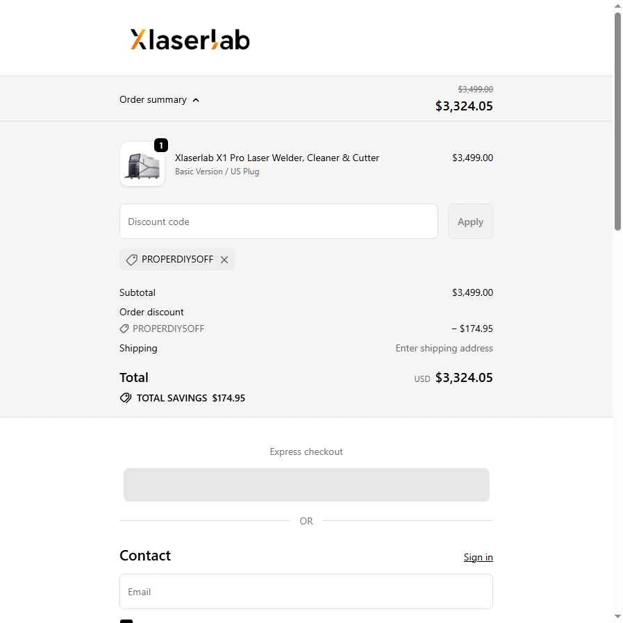 Xlaserlab checkout page showing Xlaserlab promo code box | Screenshot taken by SimplyCodes community member on Dec 21, 2025