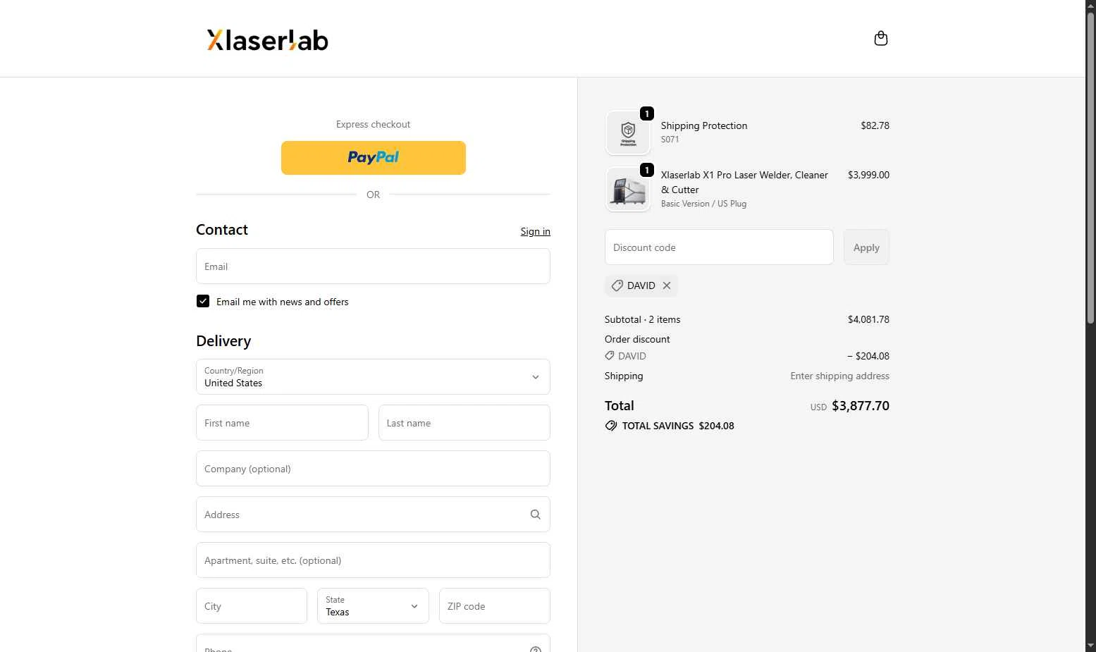 Xlaserlab checkout page showing Xlaserlab promo code box | Screenshot taken by SimplyCodes community member on Jan 10, 2026
