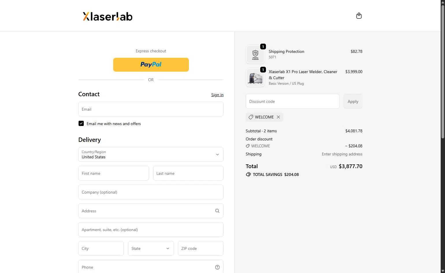Xlaserlab checkout page showing Xlaserlab promo code box | Screenshot taken by SimplyCodes community member on Jan 10, 2026