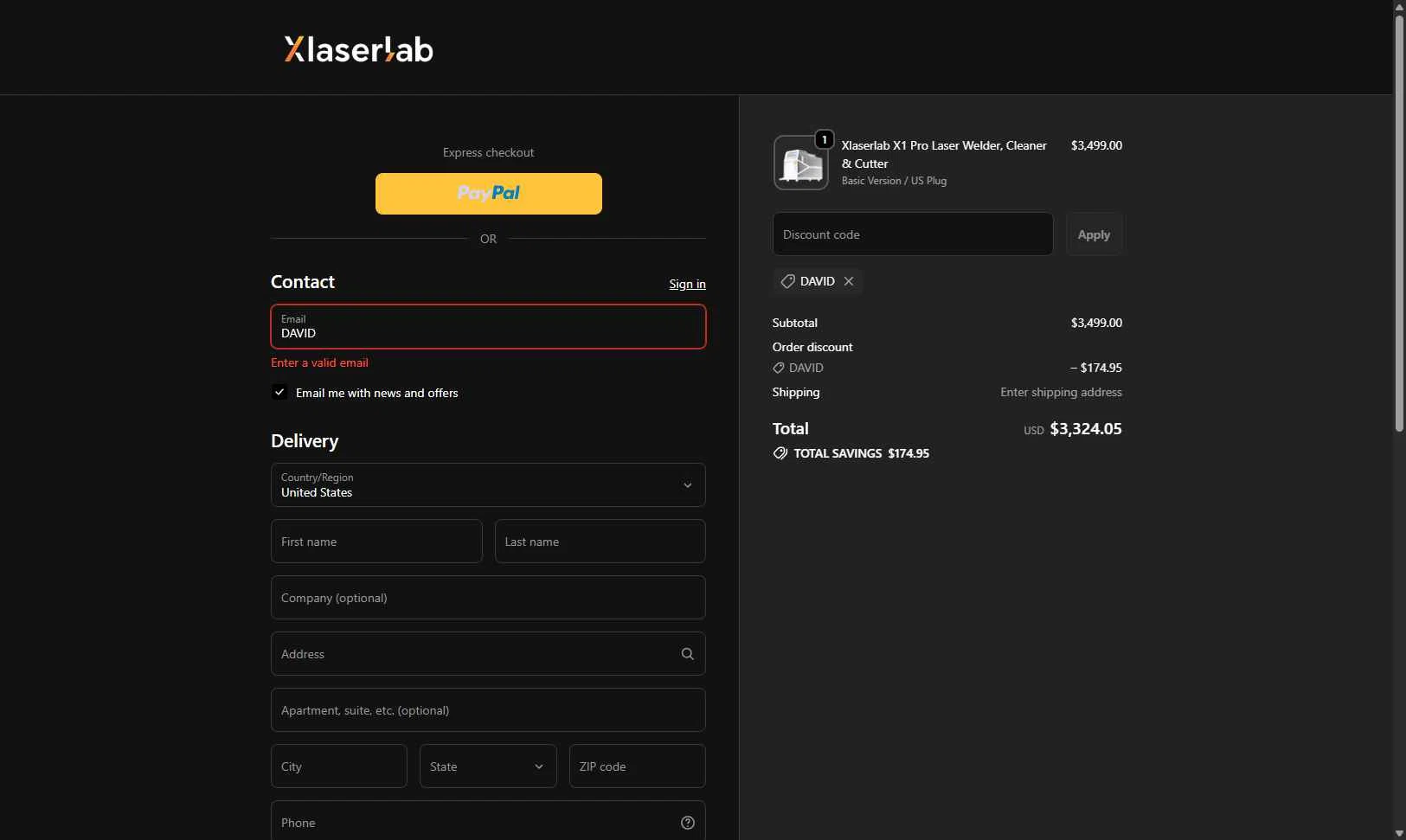 Xlaserlab checkout page showing Xlaserlab promo code box | Screenshot taken by SimplyCodes community member on Dec 26, 2025