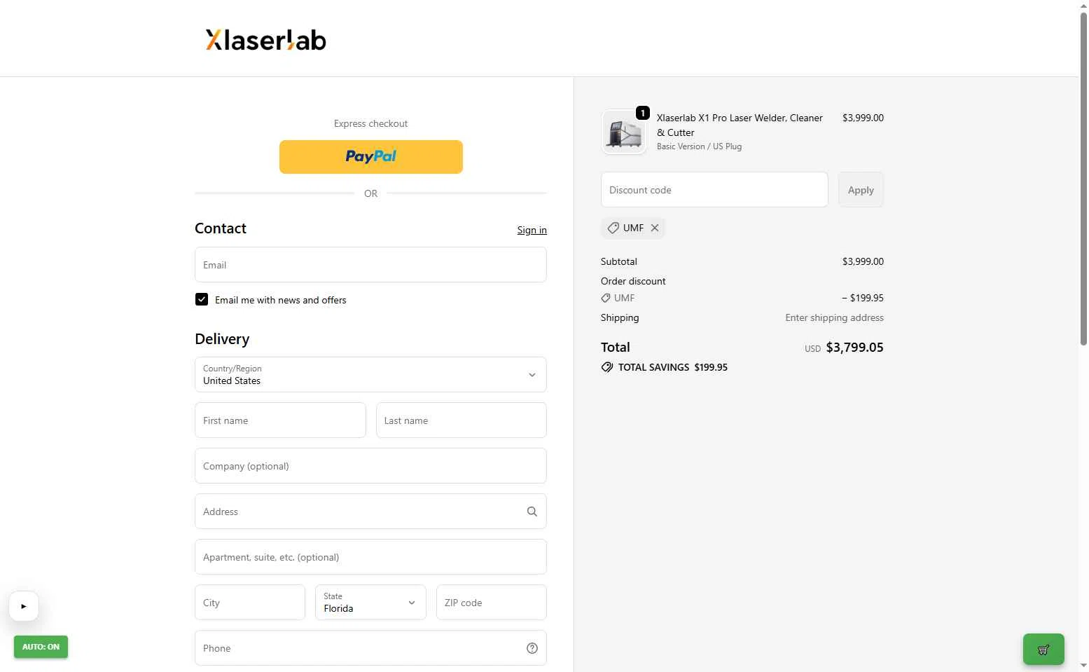 Xlaserlab checkout page showing Xlaserlab promo code box | Screenshot taken by SimplyCodes community member on Jan 10, 2026