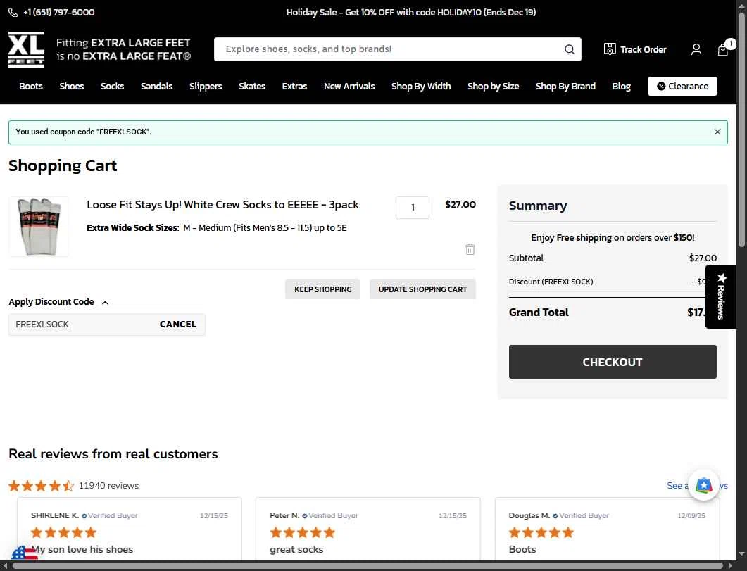 XLFeet checkout page showing XLFeet coupon code box | Screenshot taken by SimplyCodes community member on Dec 16, 2025