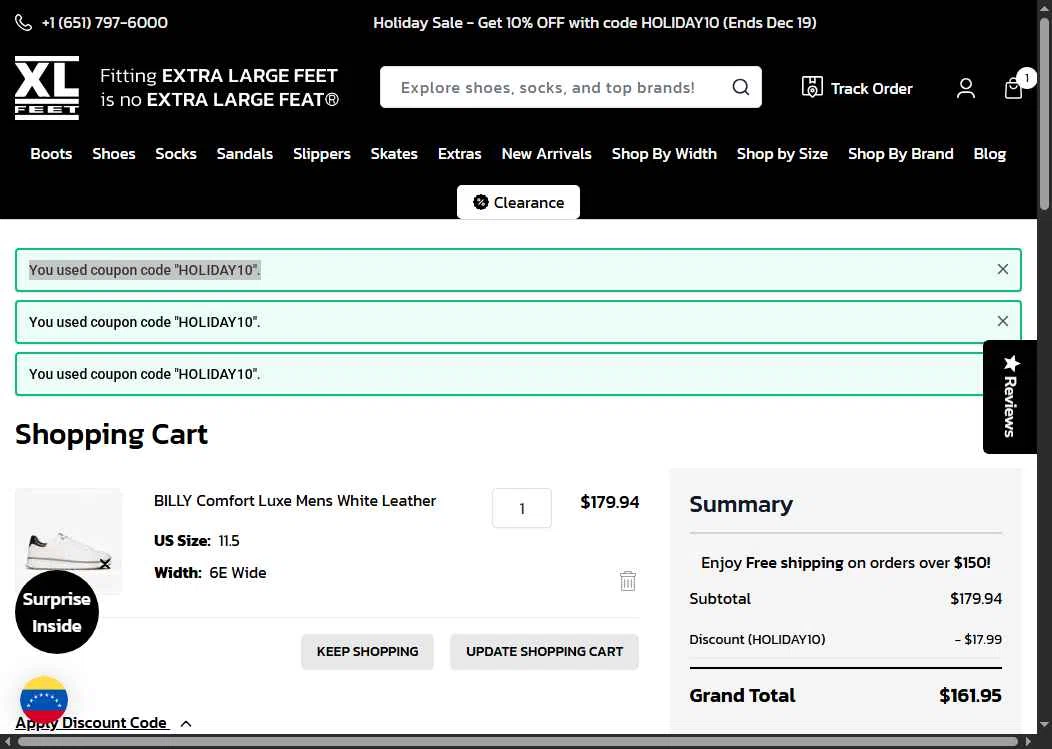 XLFeet checkout page showing XLFeet coupon code box | Screenshot taken by SimplyCodes community member on Dec 8, 2025