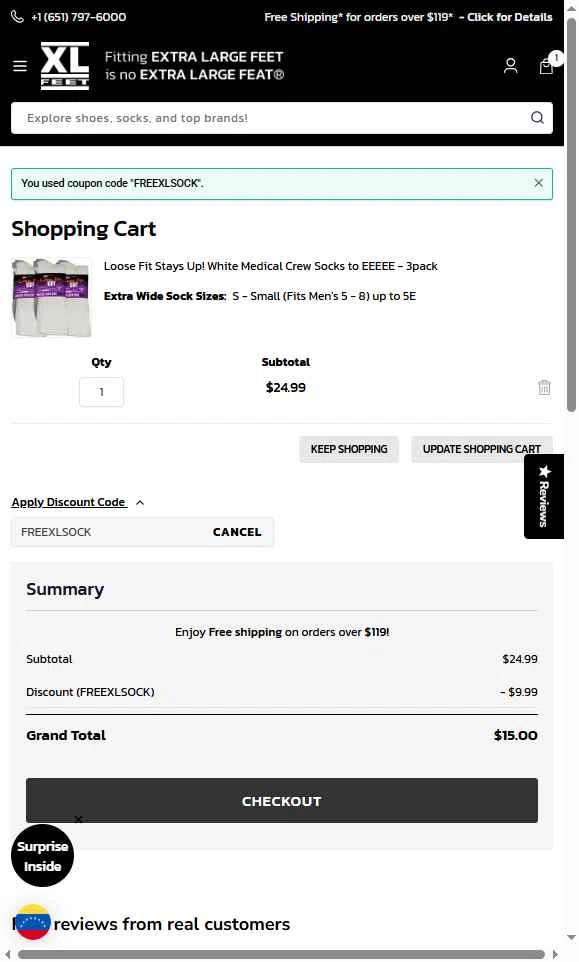 XLFeet checkout page showing XLFeet coupon code box | Screenshot taken by SimplyCodes community member on Nov 18, 2025