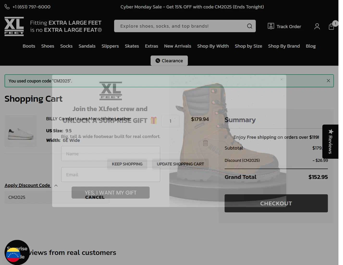 XLFeet checkout page showing XLFeet coupon code box | Screenshot taken by SimplyCodes community member on Dec 1, 2025