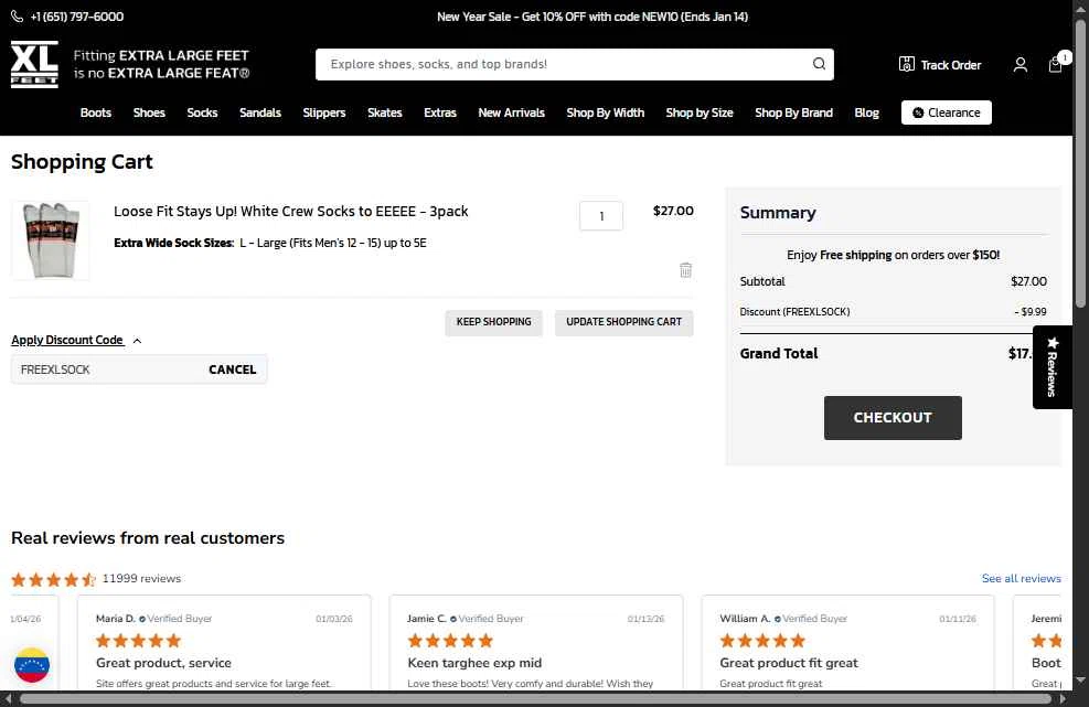 XLFeet checkout page showing XLFeet coupon code box | Screenshot taken by SimplyCodes community member on Jan 15, 2026