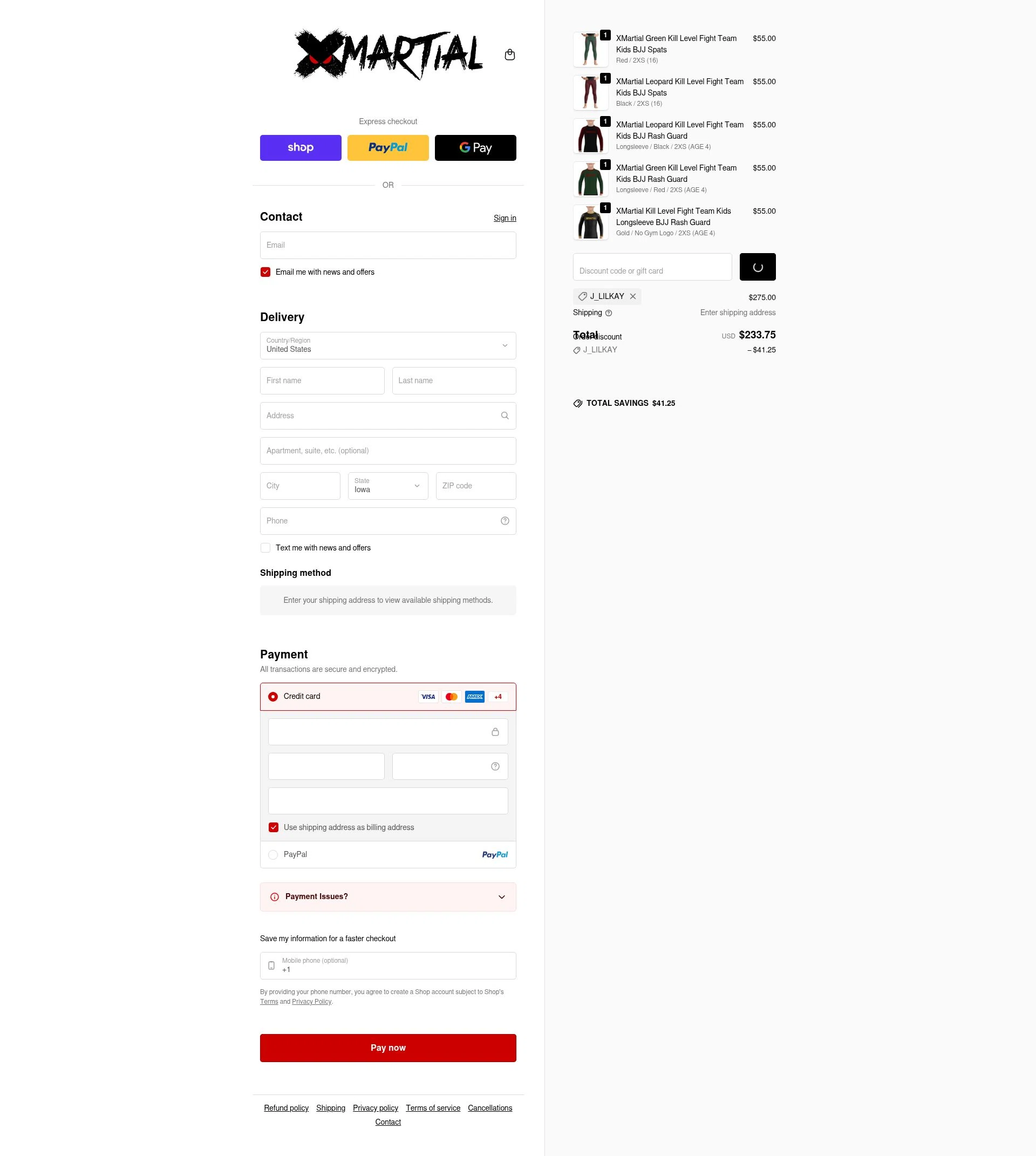 XMartial checkout page showing XMartial discount code box | Screenshot taken by SimplyCodes community member on Feb 19, 2026