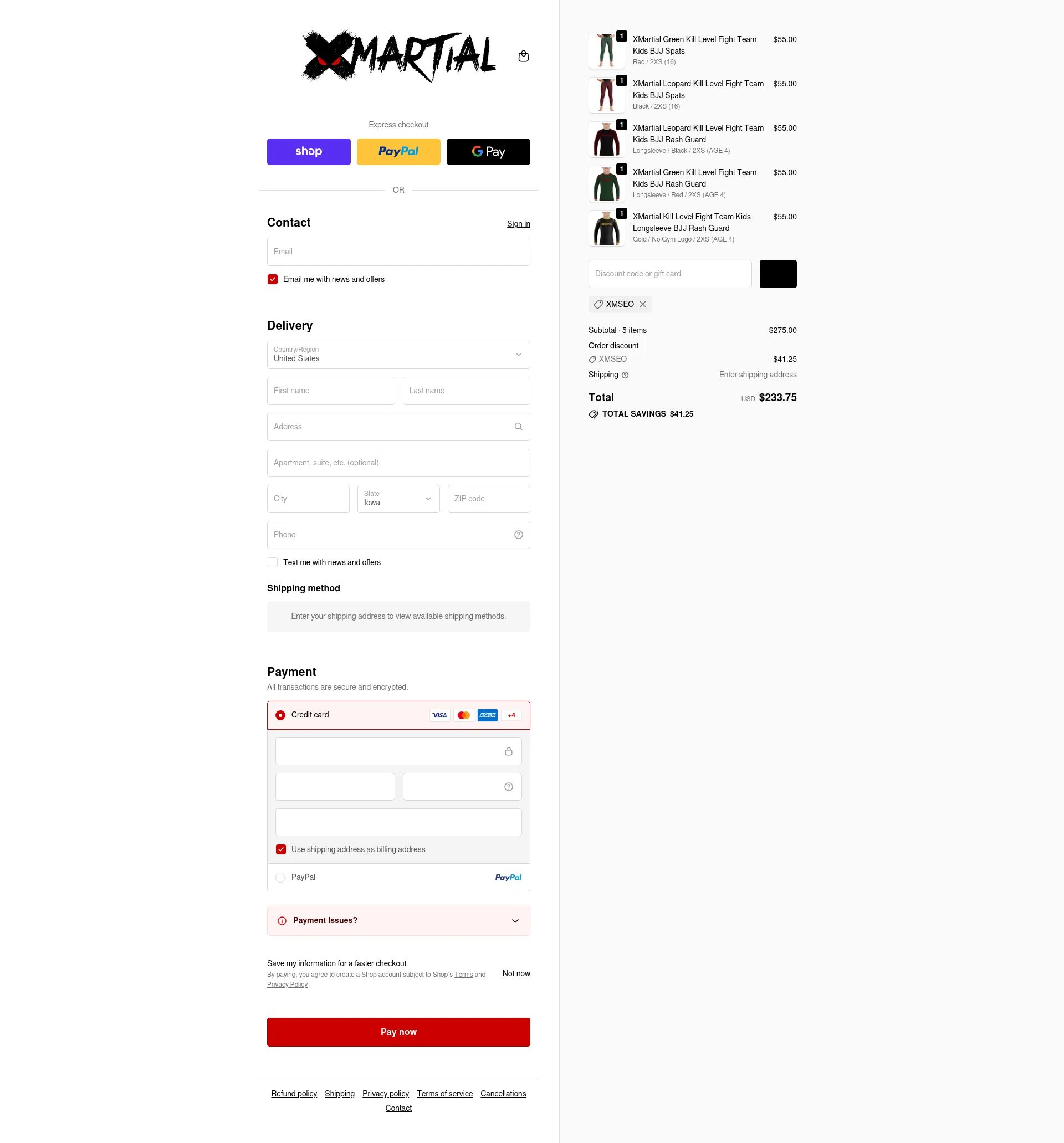 XMartial checkout page showing XMartial discount code box | Screenshot taken by SimplyCodes community member on Feb 19, 2026