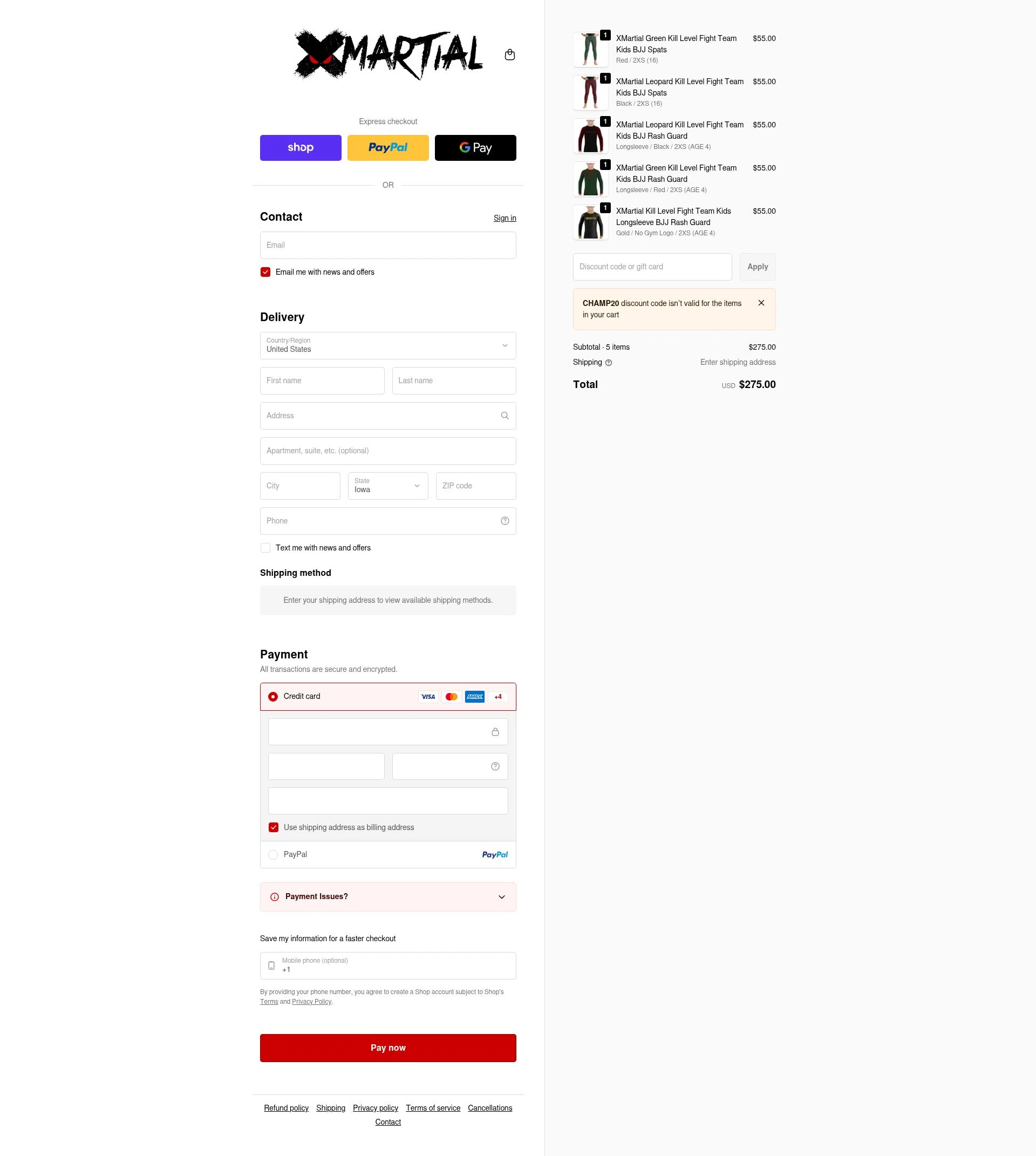 XMartial checkout page showing XMartial discount code box | Screenshot taken by SimplyCodes community member on Feb 19, 2026