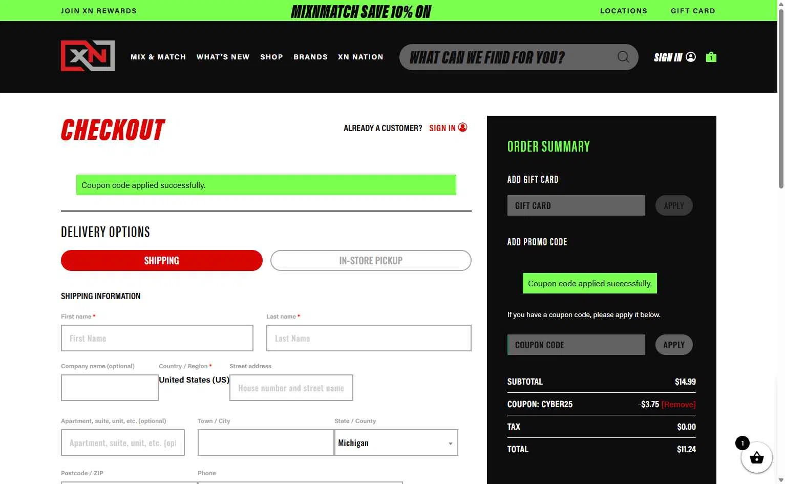 XN Supplements checkout page showing XN Supplements discount code box | Screenshot taken by SimplyCodes community member on Jan 1, 2026