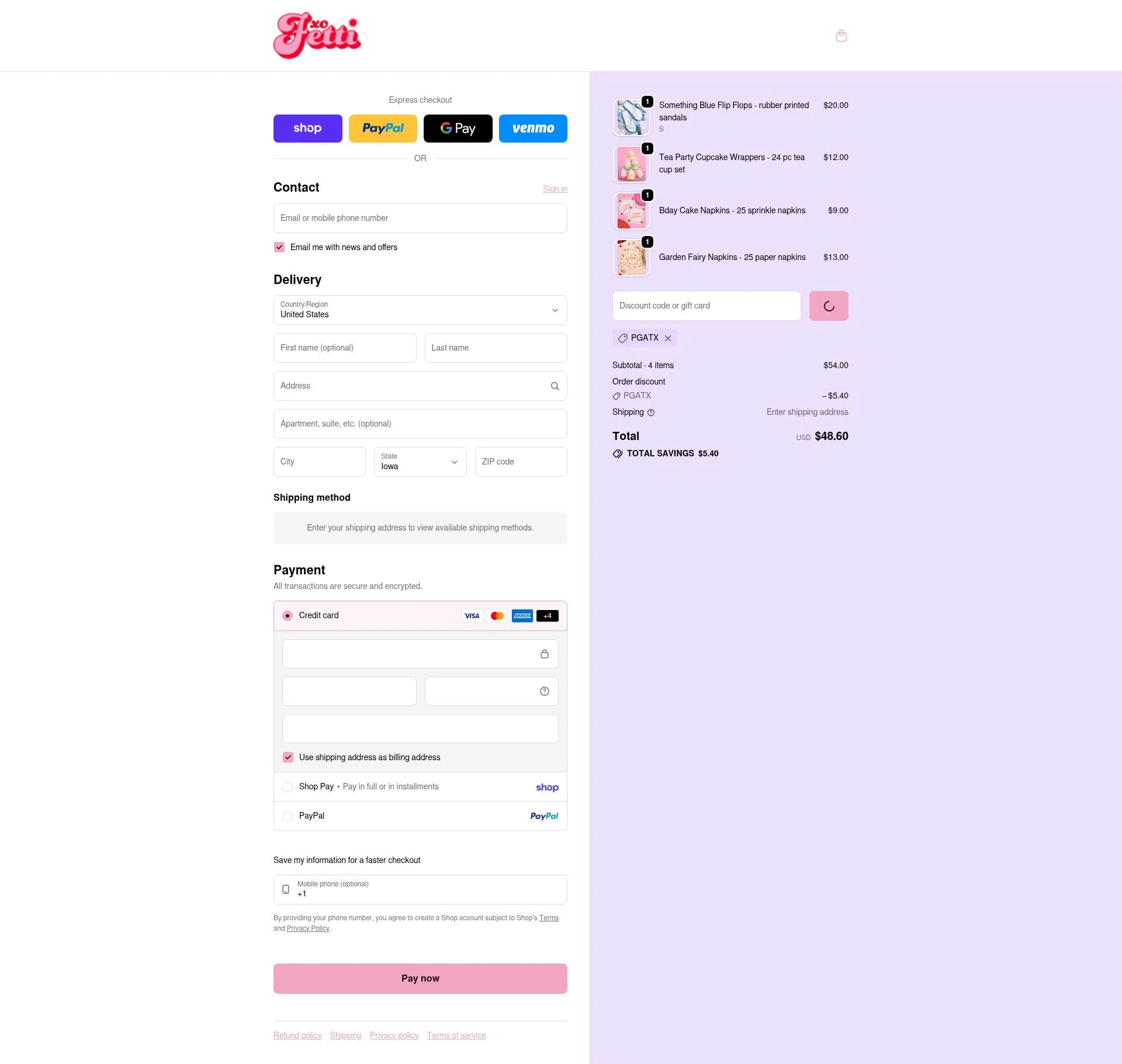 xo, Fetti checkout page showing xo, Fetti discount code box | Screenshot taken by SimplyCodes community member on Feb 14, 2026
