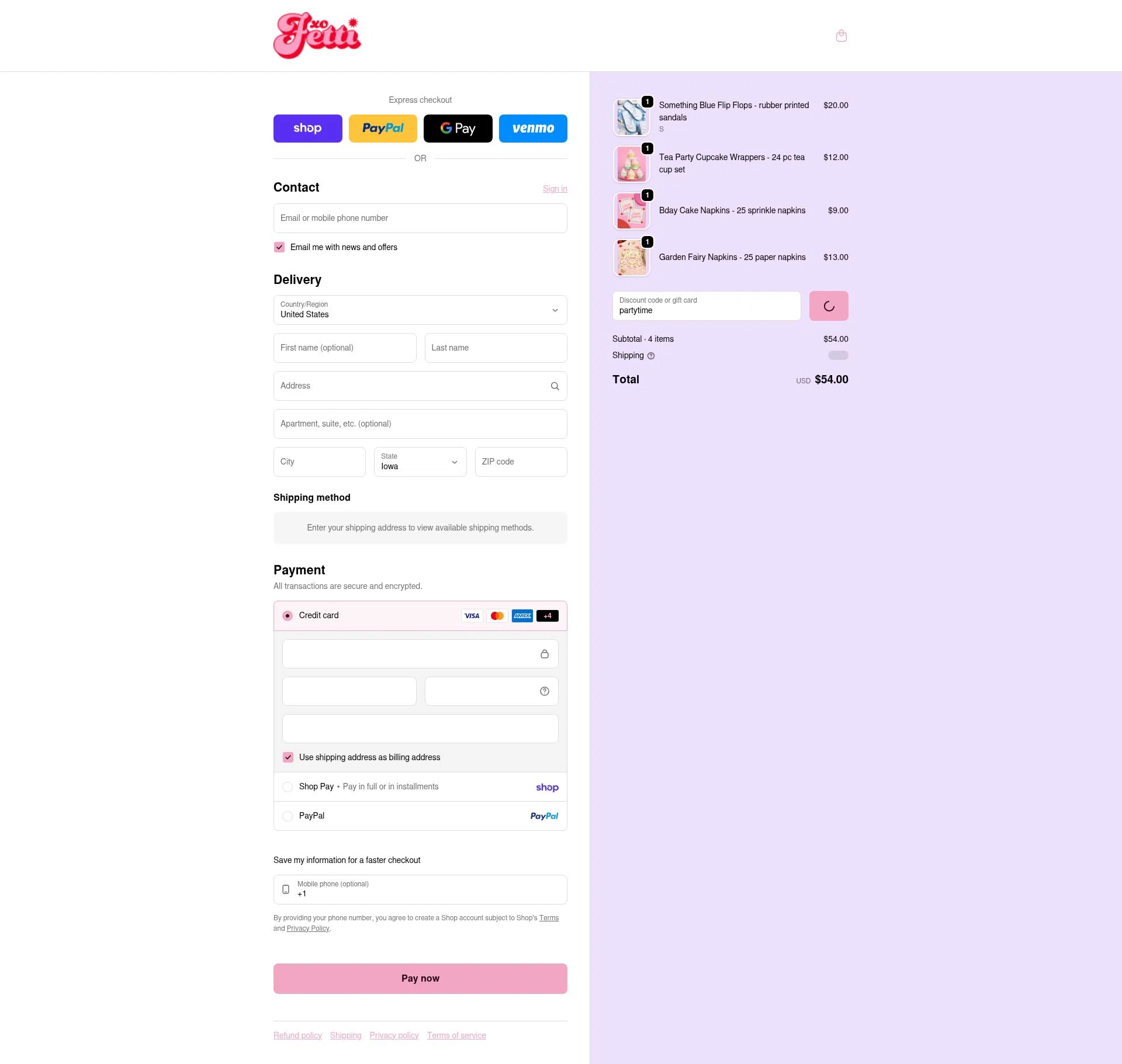 xo, Fetti checkout page showing xo, Fetti discount code box | Screenshot taken by SimplyCodes community member on Feb 14, 2026