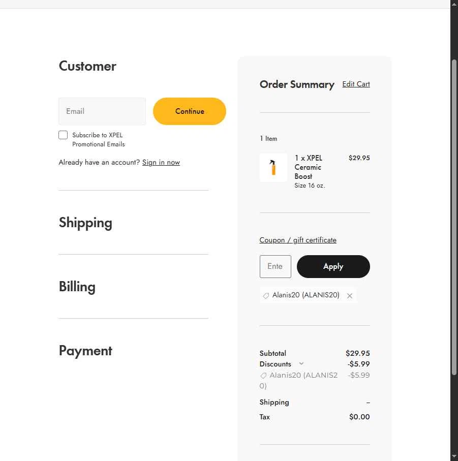 Xpel.com checkout page showing Xpel.com promo code box | Screenshot taken by SimplyCodes community member on Feb 1, 2026