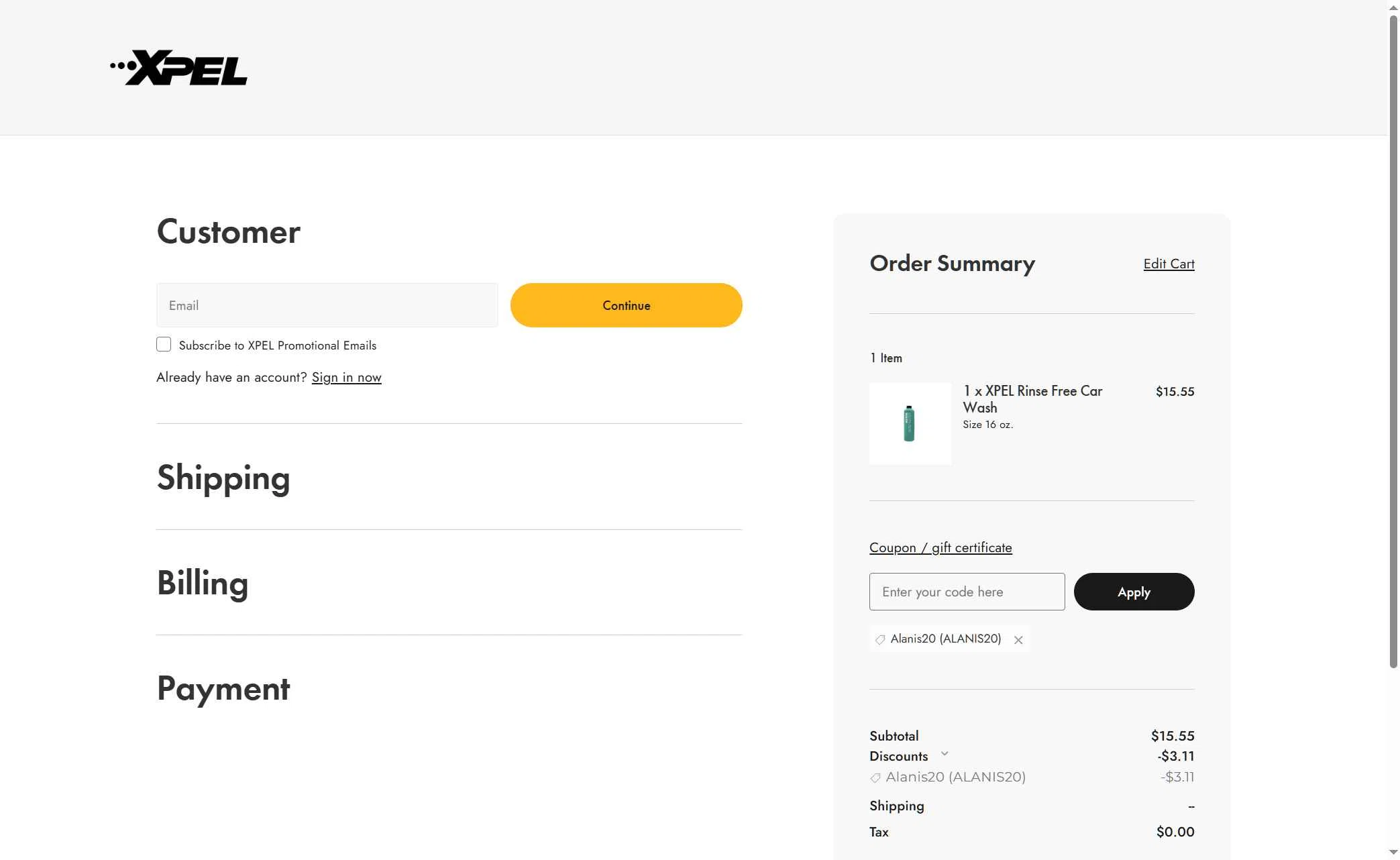 Xpel.com checkout page showing Xpel.com promo code box | Screenshot taken by SimplyCodes community member on Feb 9, 2026
