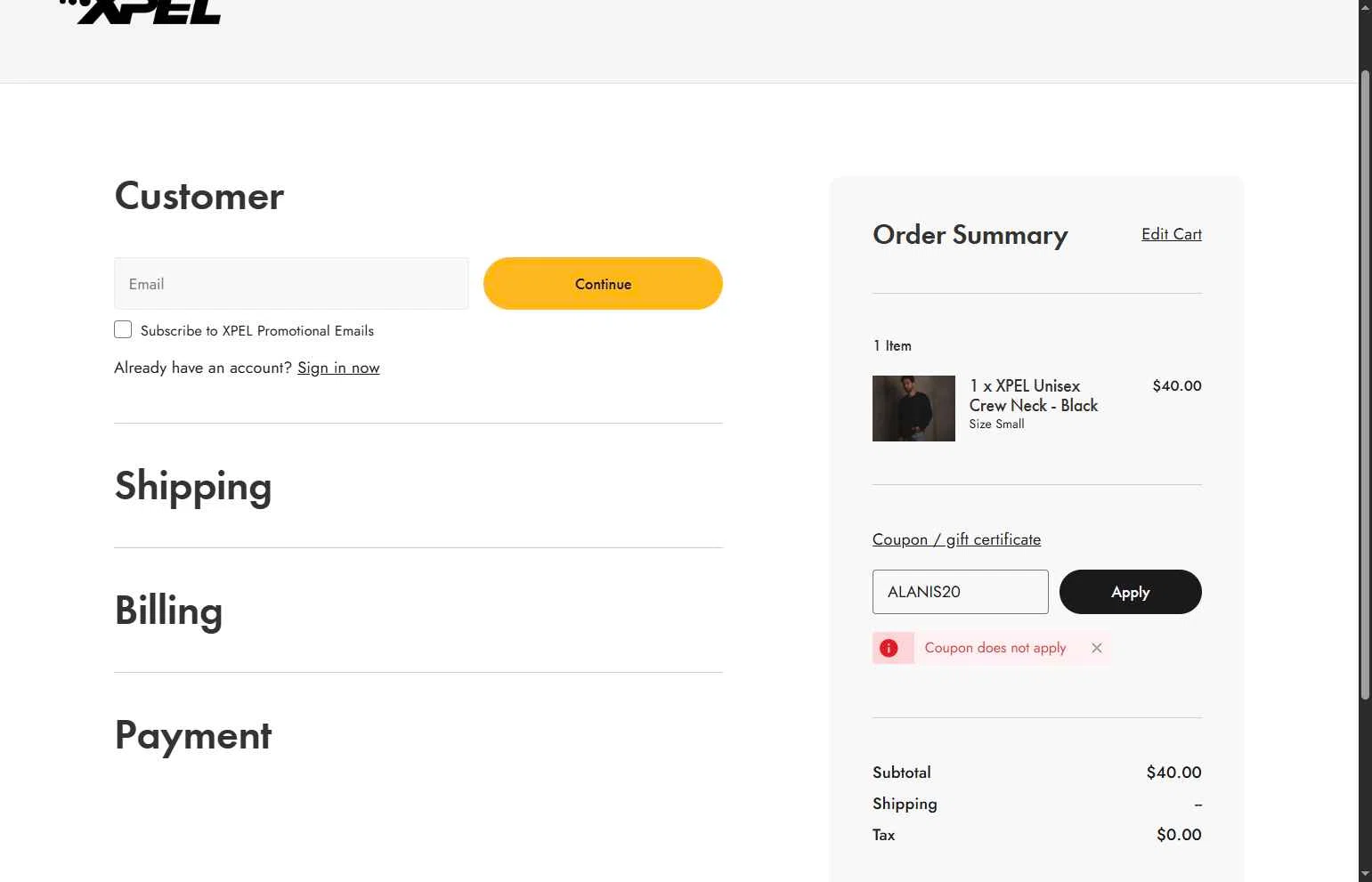 Xpel.com checkout page showing Xpel.com promo code box | Screenshot taken by SimplyCodes community member on Feb 16, 2026