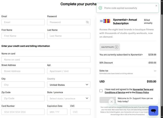 Xponential+ checkout page showing Xponential+ promo code box | Screenshot taken by SimplyCodes community member on May 9, 2025