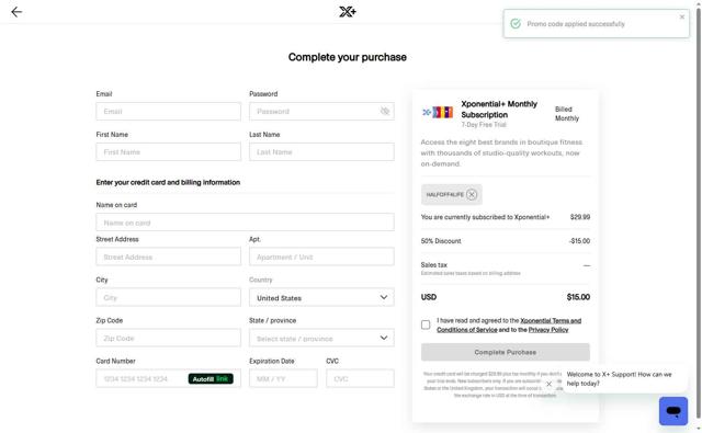 Xponential+ checkout page showing Xponential+ promo code box | Screenshot taken by SimplyCodes community member on May 1, 2025