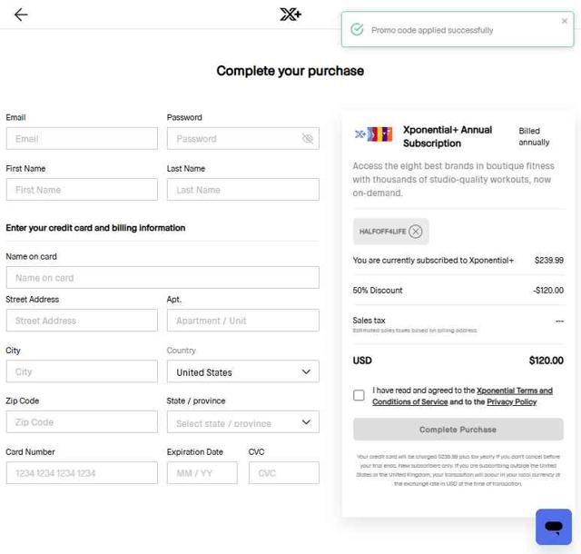 Xponential+ checkout page showing Xponential+ promo code box | Screenshot taken by SimplyCodes community member on May 9, 2025
