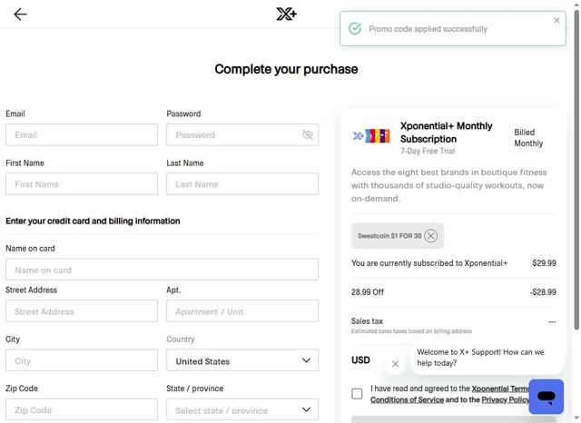 Xponential+ checkout page showing Xponential+ promo code box | Screenshot taken by SimplyCodes community member on Jun 21, 2025