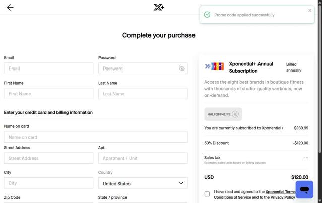 Xponential+ checkout page showing Xponential+ promo code box | Screenshot taken by SimplyCodes community member on May 17, 2025