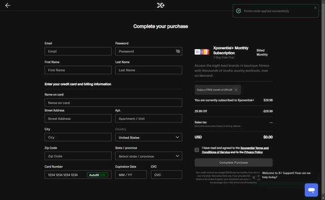 Xponential+ checkout page showing Xponential+ promo code box | Screenshot taken by SimplyCodes community member on May 16, 2025