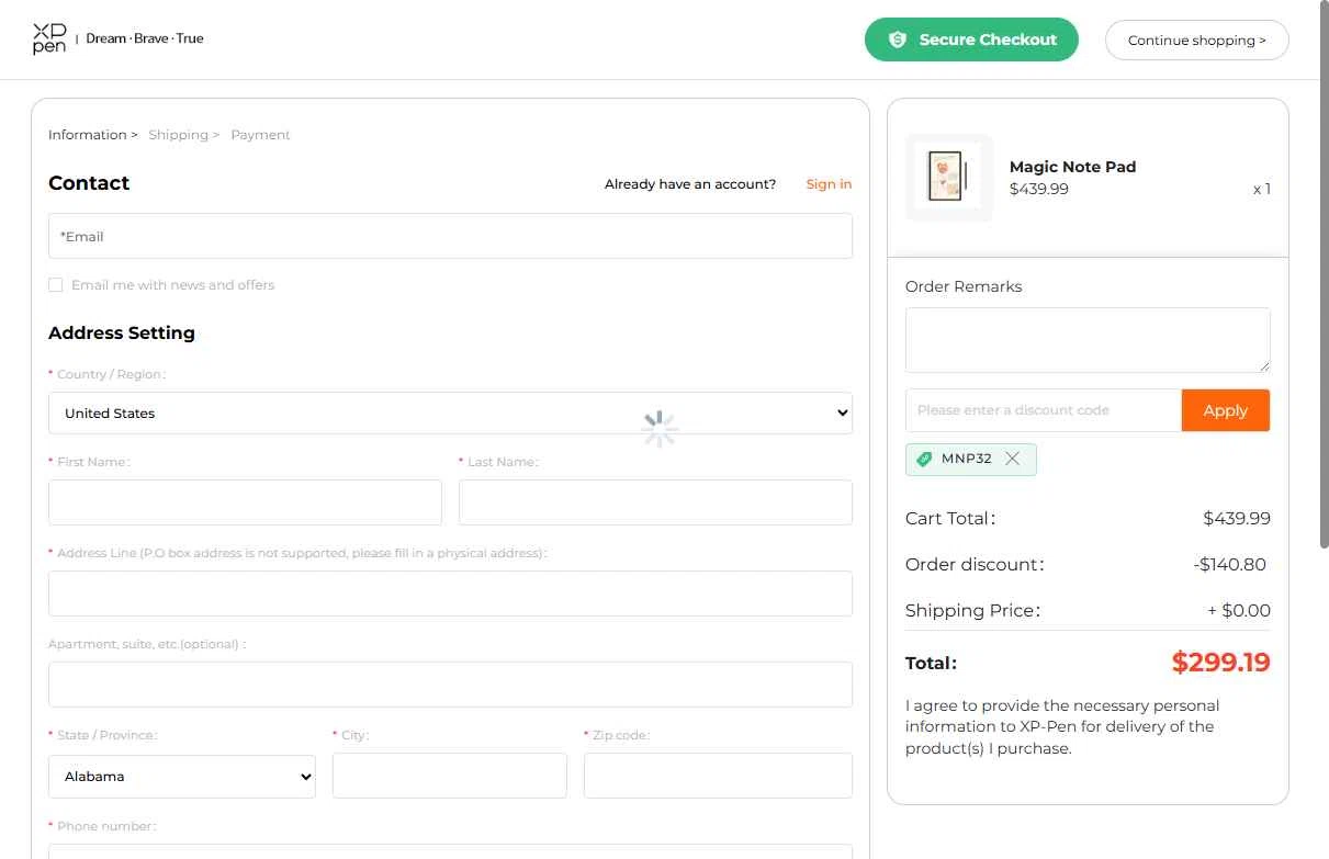 XPPen Store checkout page showing XPPen Store promo code box | Screenshot taken by SimplyCodes community member on Jan 10, 2026