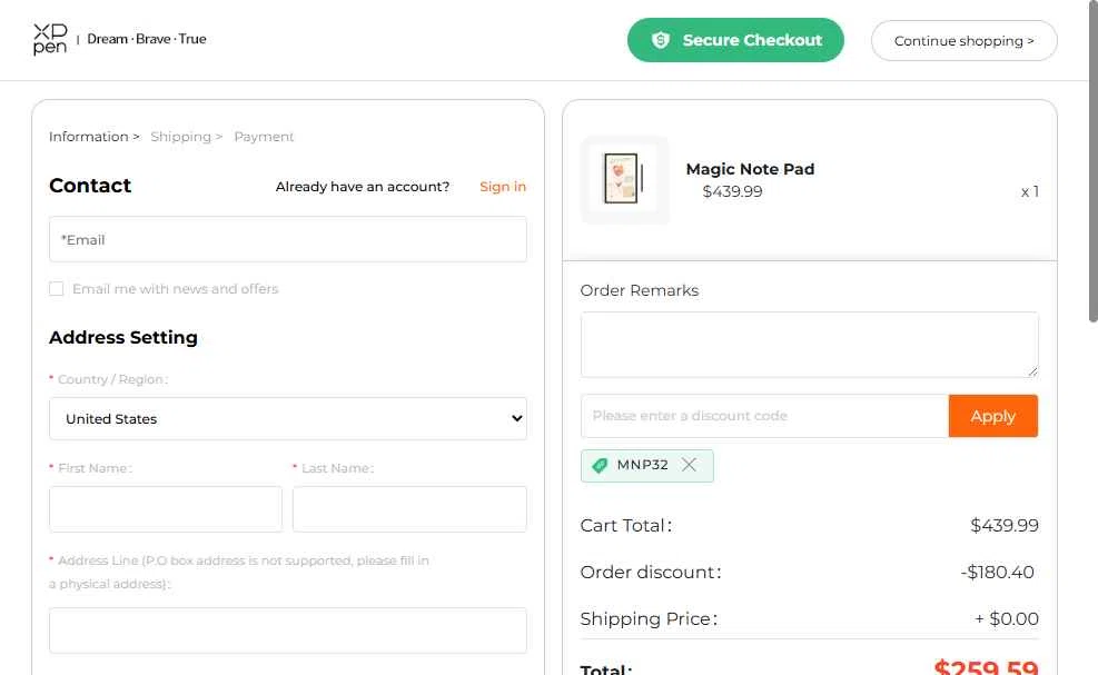 XPPen Store checkout page showing XPPen Store promo code box | Screenshot taken by SimplyCodes community member on Dec 28, 2025
